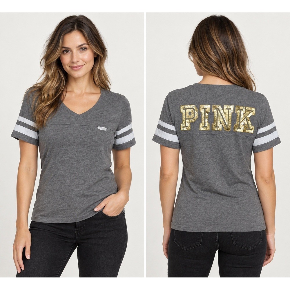 Victorias Secret Pink Women's Small Gray V Neck Varsity Tee Gold Sequin Back Y2K